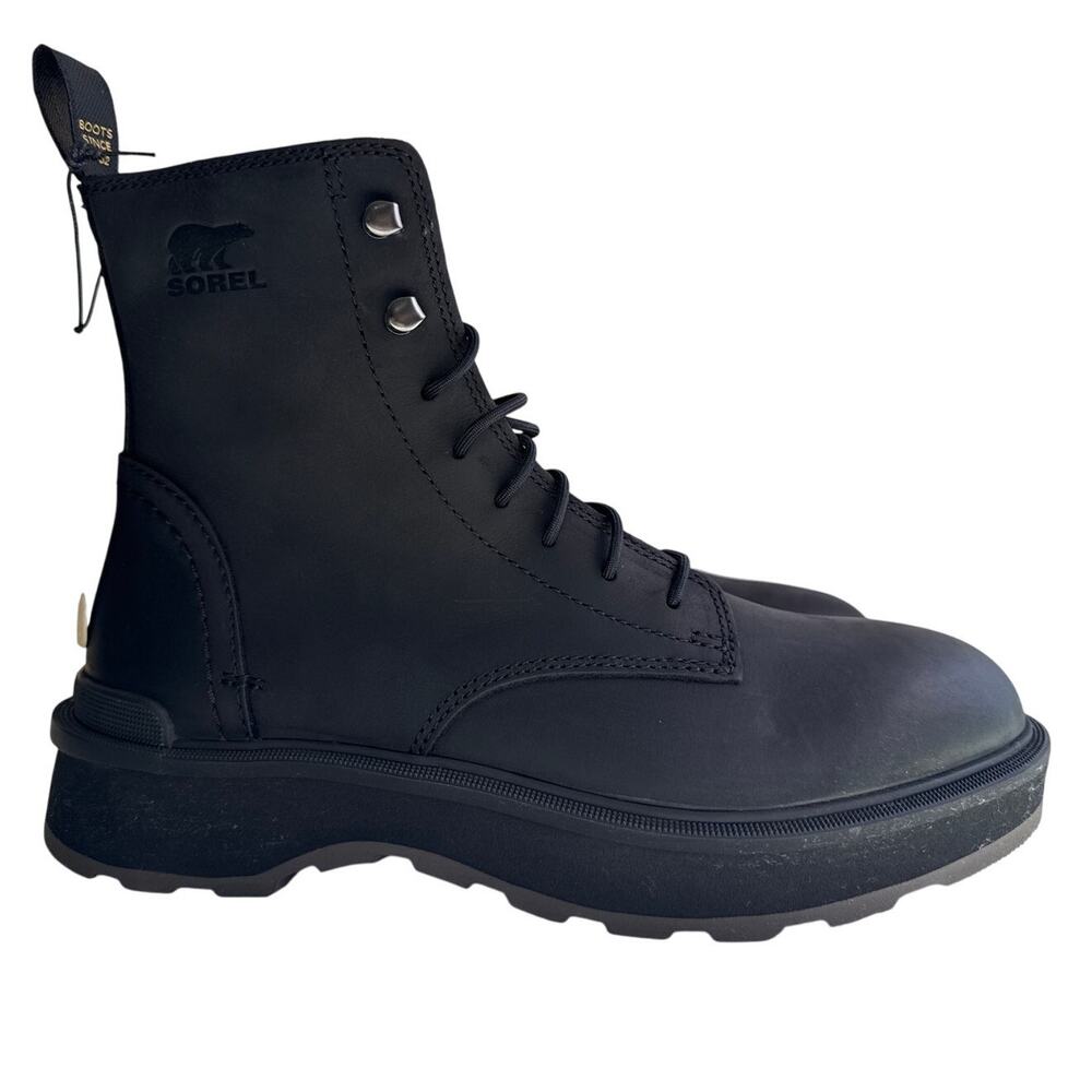 Sorel Hi-Line Lace Combat Boot Women's 8 Waterproof Jet Black Leather‎ Low Heel